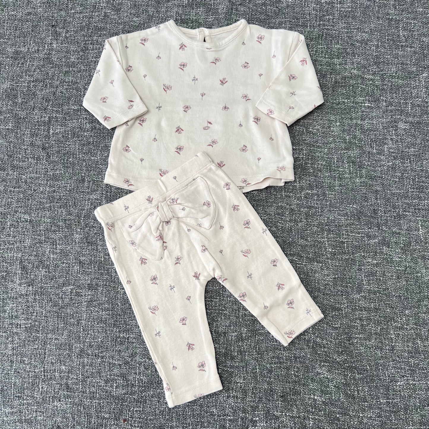 Girls 0-3 Month Beige & Pink Floral Long Sleeved Top & Matching Leggings Outfit