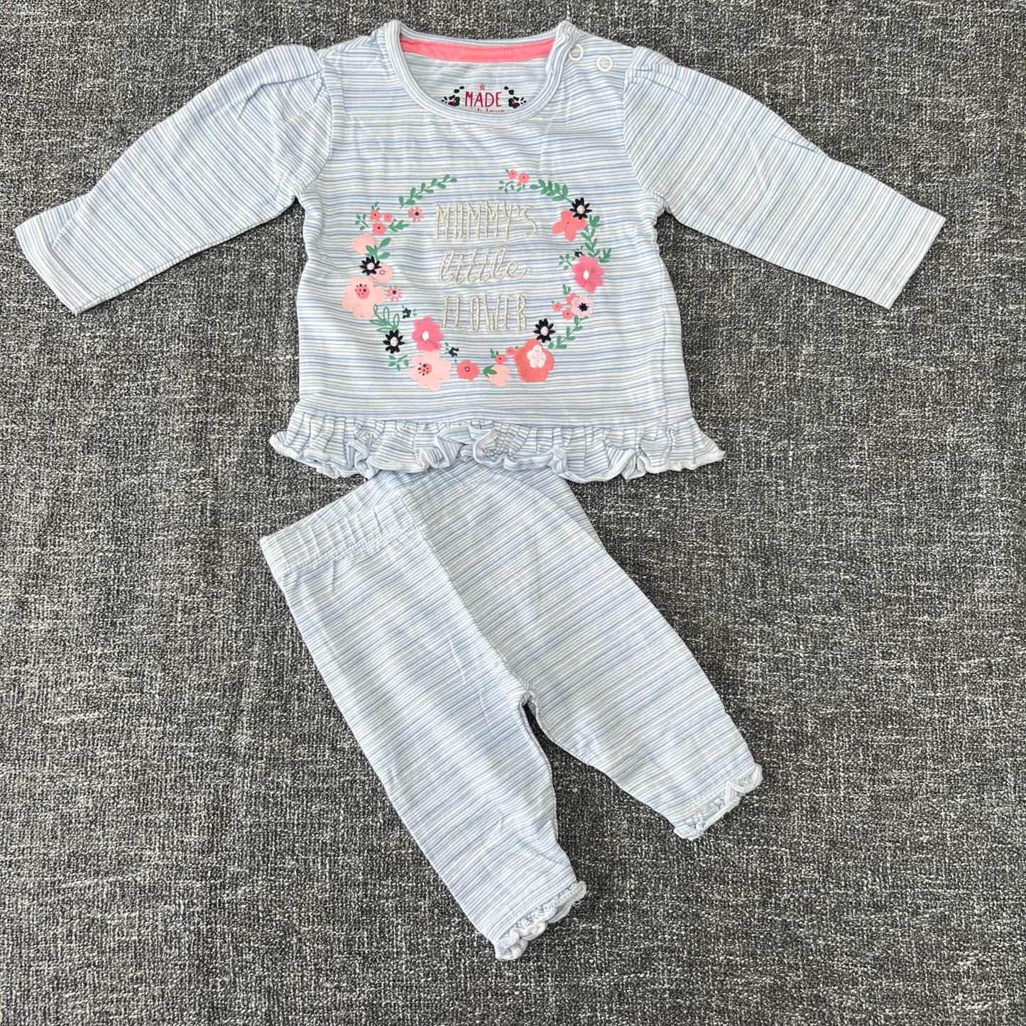 Girls 0-3 Month "Mummy's Little Flower" Blue & White Striped Long Sleeved Top & Matching Leggings Outfit