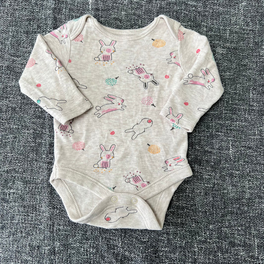 Girls 0-3 Month Beige Rabbit Patterned Long Sleeved Bodysuit