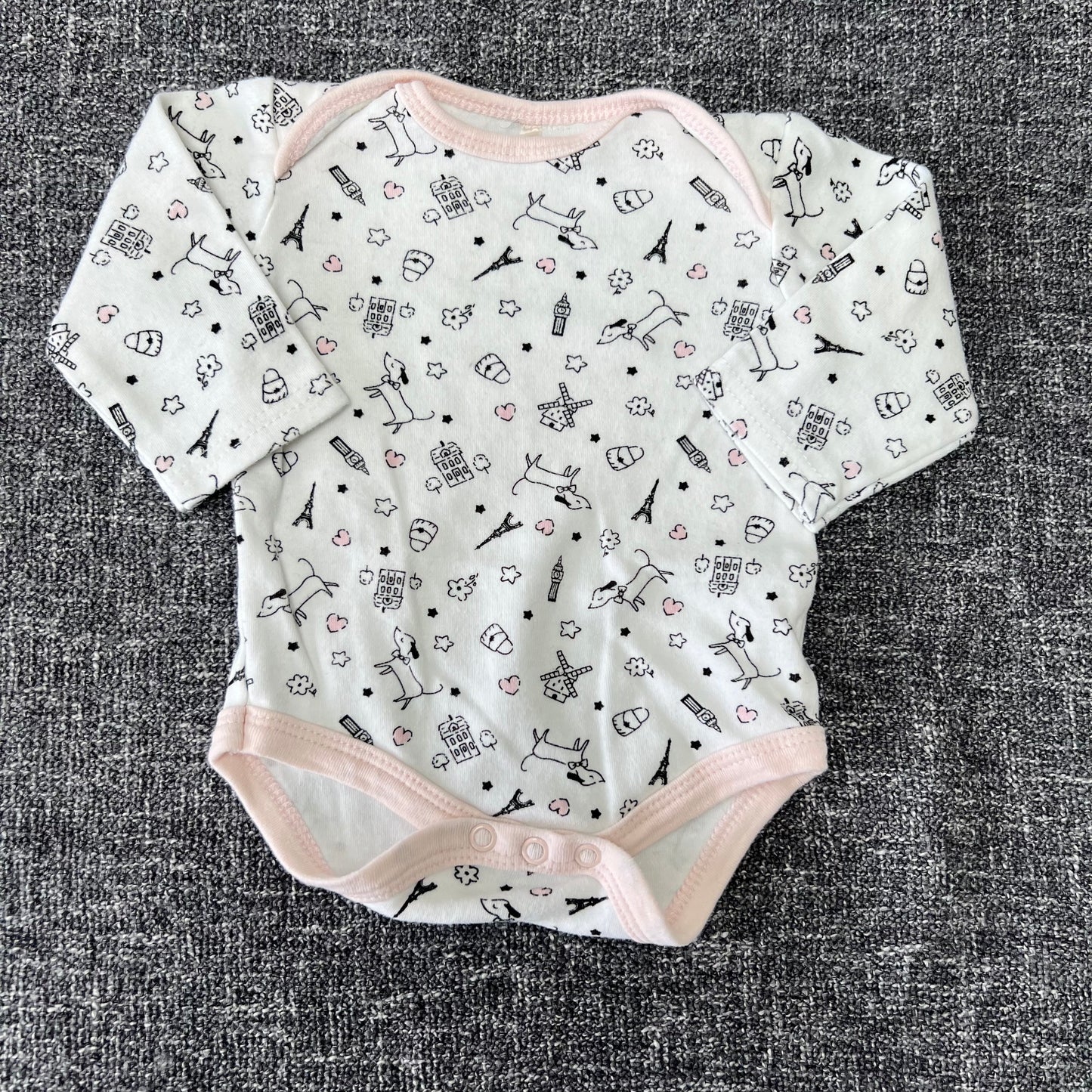 Girls 0-3 Month White Patterned Long Sleeved Bodysuit