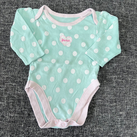 Girls 0-3 Month Turquoise & White Spot Disney "Marie" Long Sleeved Bodysuit