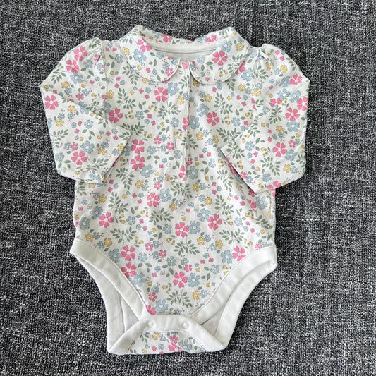 Girls 0-3 Month Collared Floral Long Sleeved Bodysuit