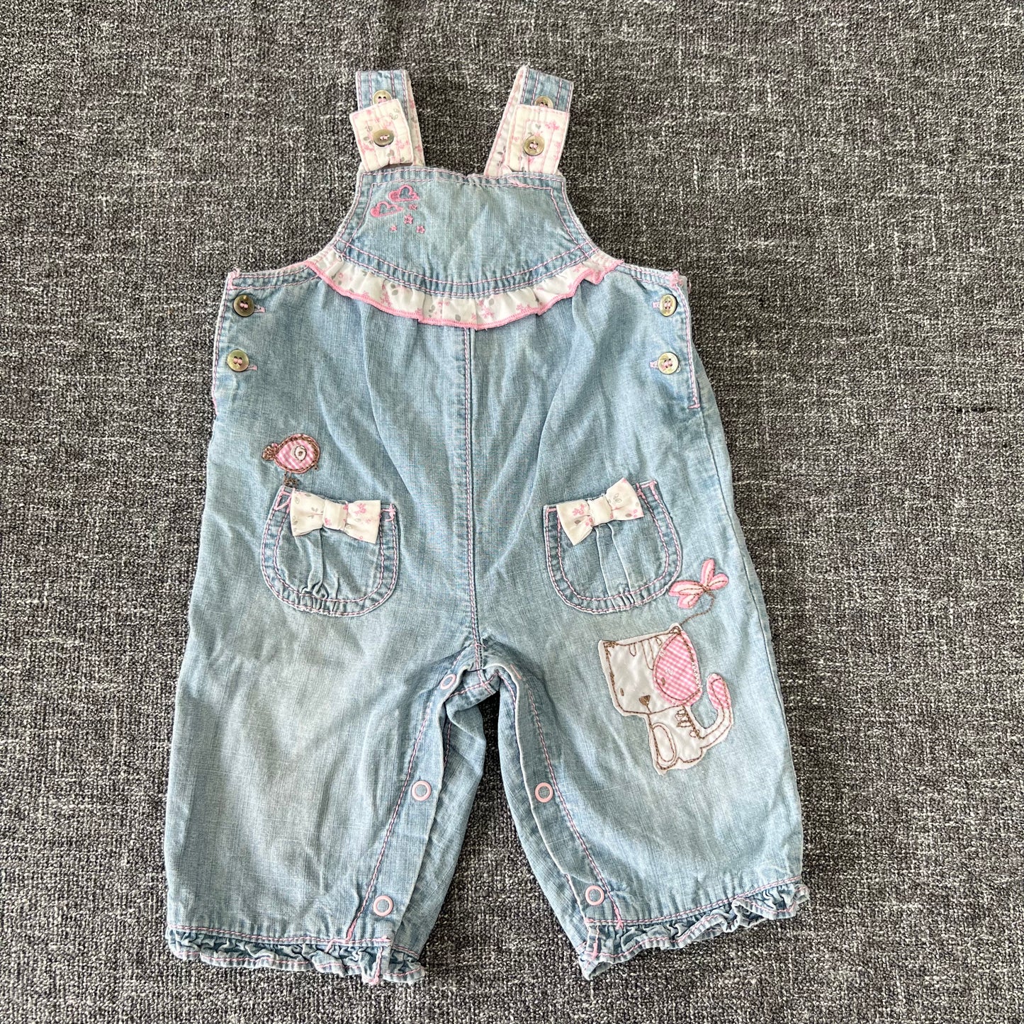 Girls 0-3 Month Blue Denim Cat Dungarees