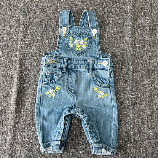 Girls 0-3 Month Blue Denim Yellow Floral Dungarees