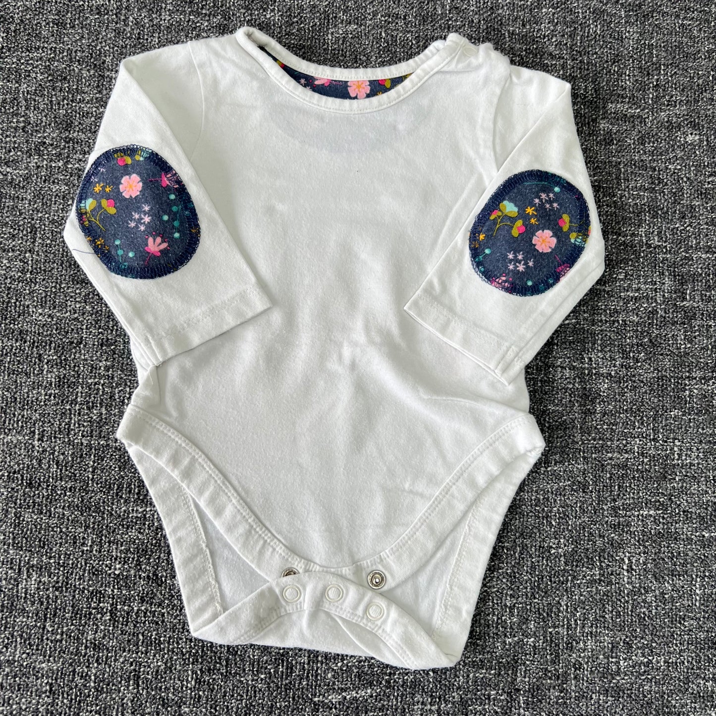 Girls 0-3 Month White With Blue Elbow Patches Long Sleeved Bodysuit