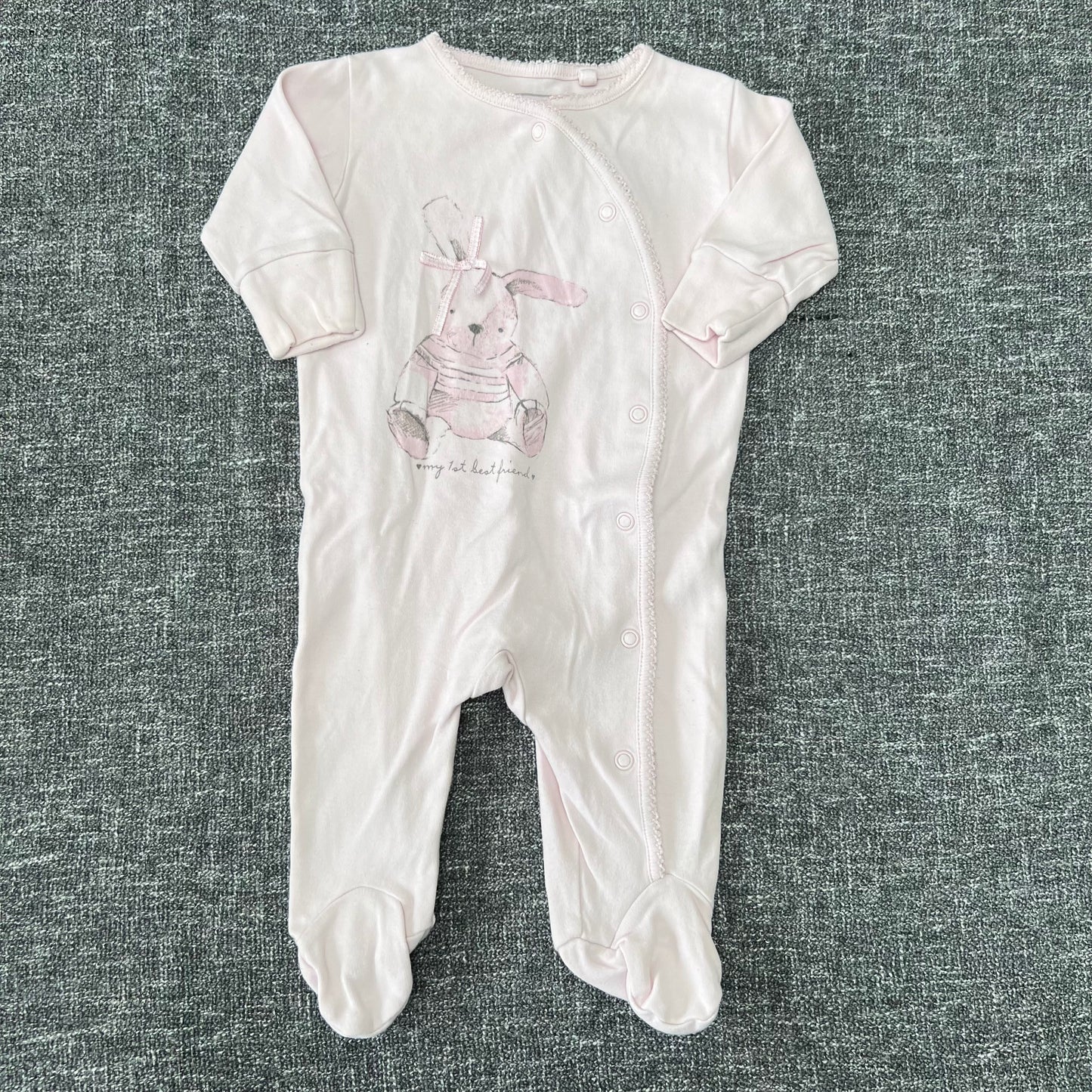 Girls 0-3 Month Pink Rabbit "My 1st best friend" Sleepsuit