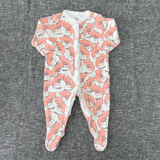 Girls 0-3 Month White & Peach Cats Sleepsuit