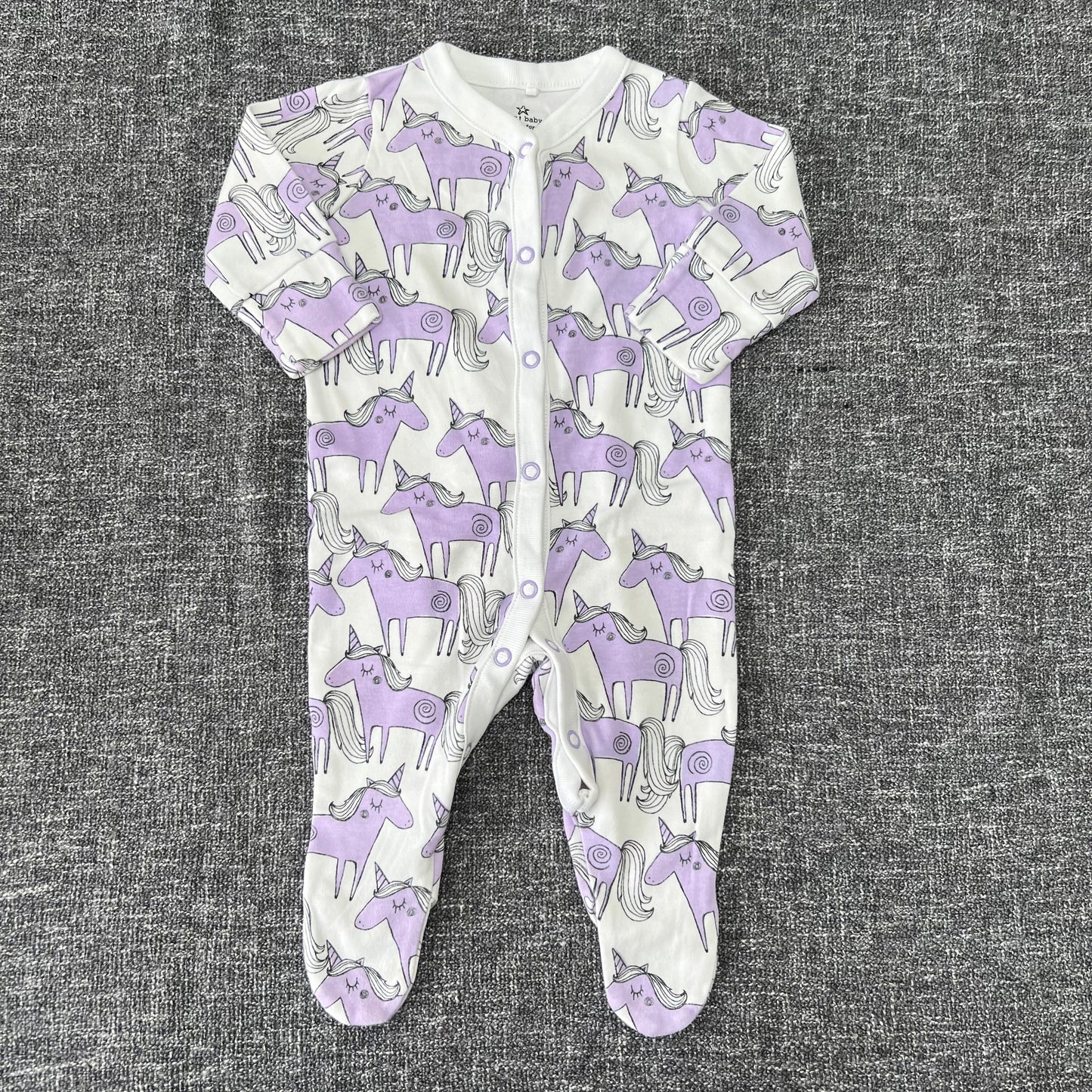 Girls 0-3 Month White With Purple Unicorns Sleepsuit