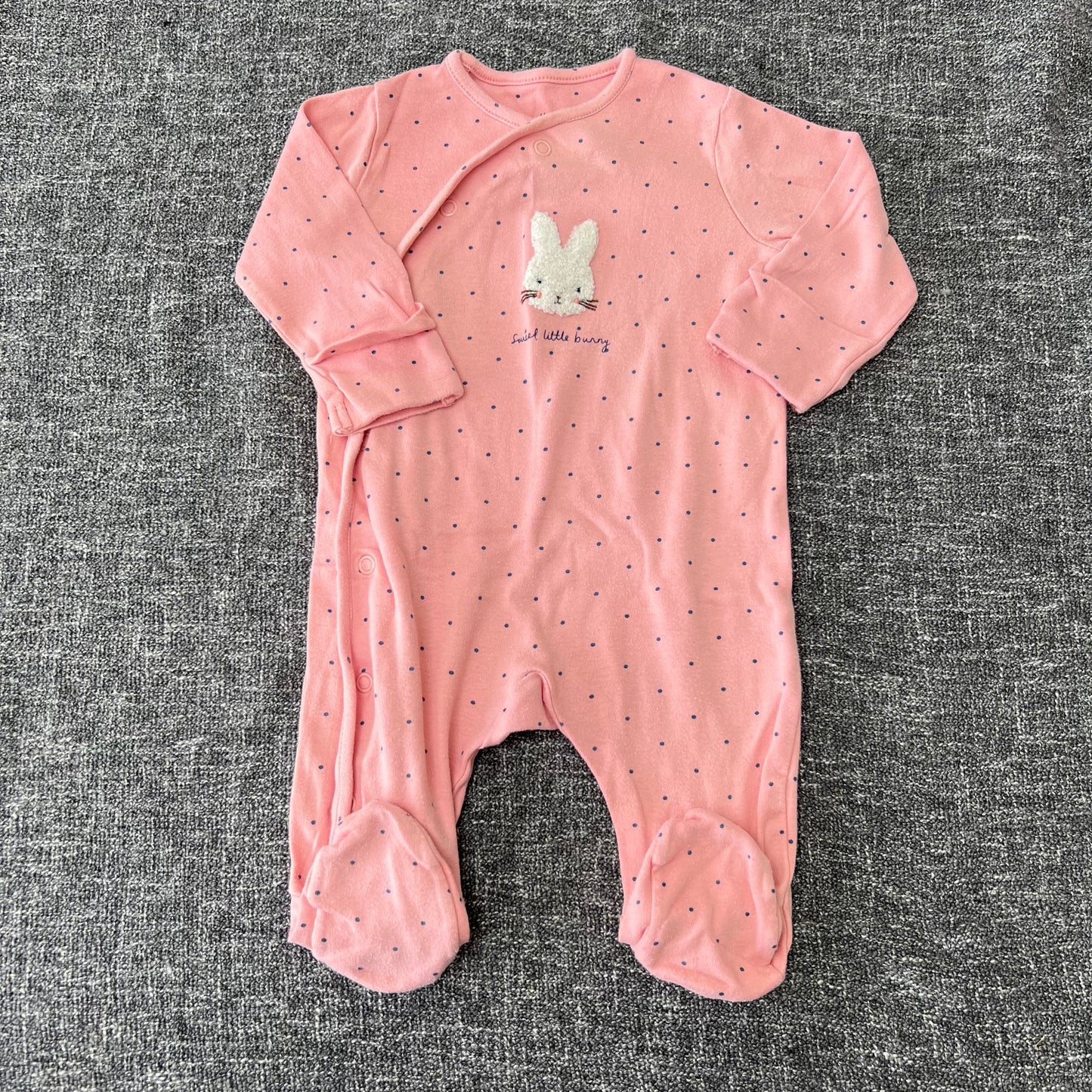 Girls 0-3 Month Peach with Blue Spots "Sweet little bunny" Sleepsuit