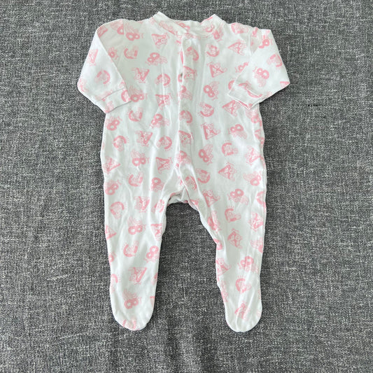 Girls 0-3 Month White & Pink "ABC" Teddy Bear Sleepsuit