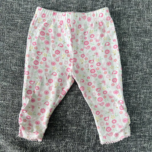 Girls 0-3 Month White & Pink Flowers & Birds Leggings