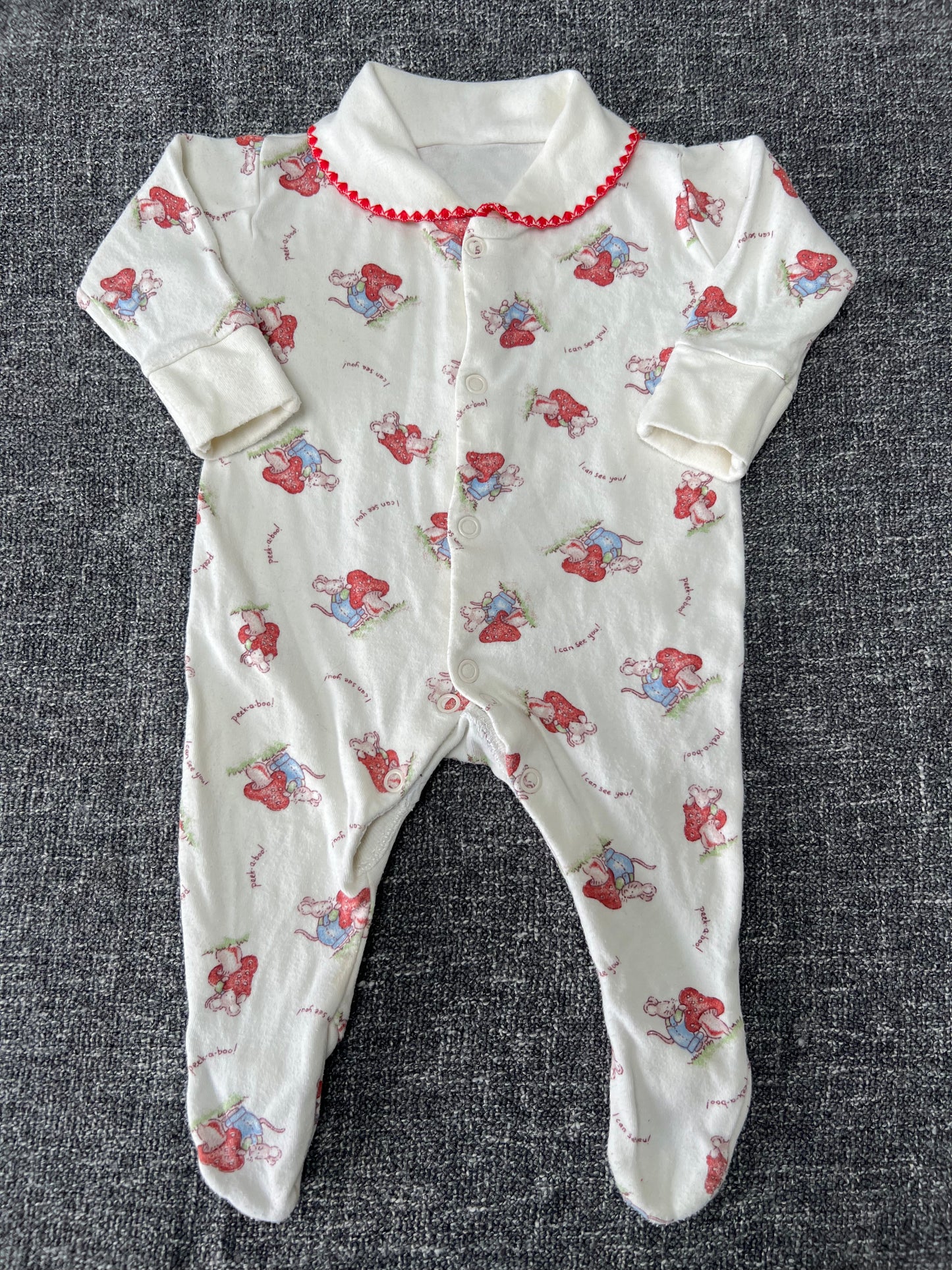 Girls 0-3 Month Cream "I can see you" Mouse & Mushroom Collared Sleepsuit