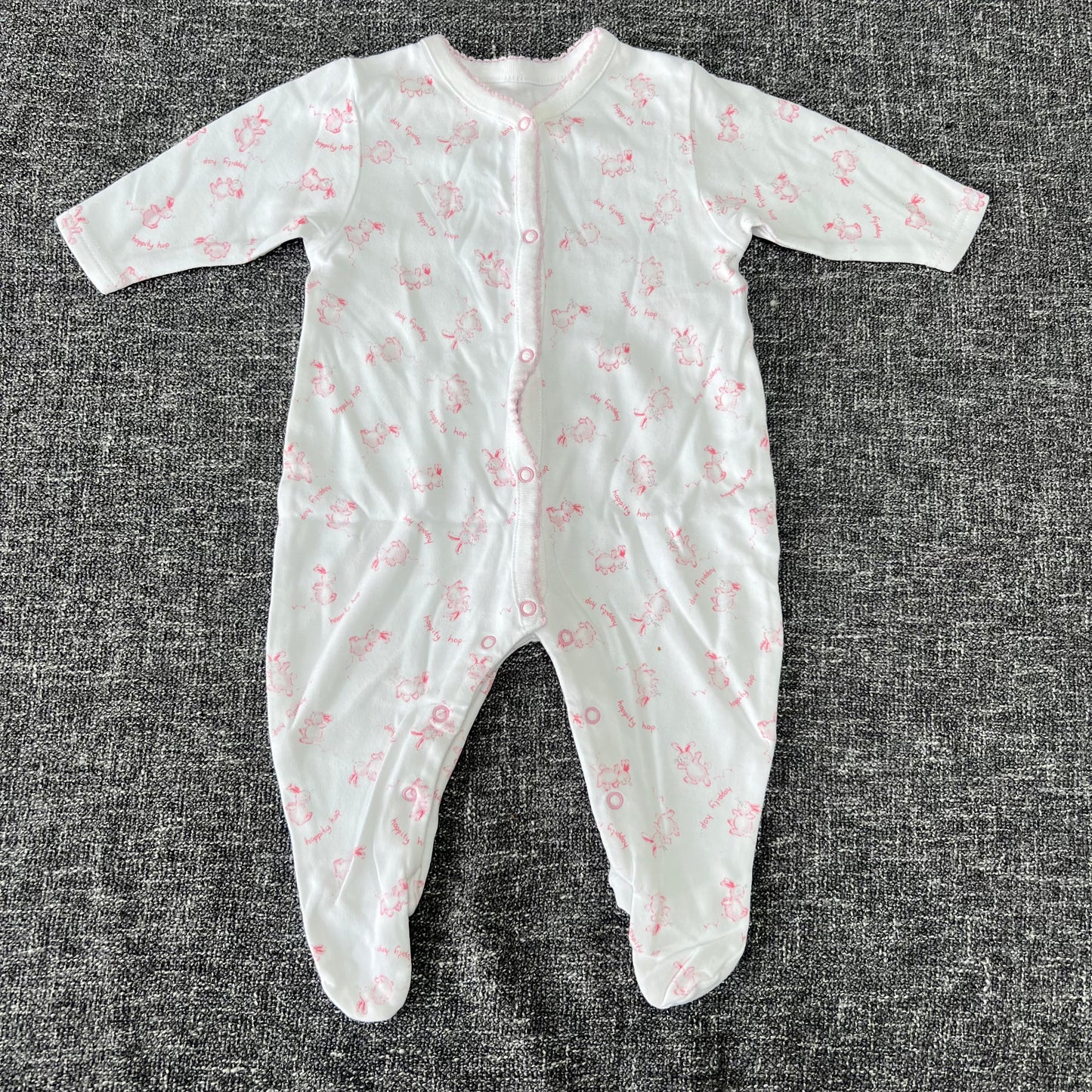 Girls 0-3 Month White & Pink "Hoppity Hop" Rabbit Sleepsuit