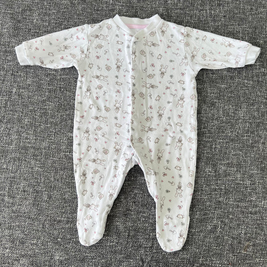 Girls 0-3 Month White Bunny Print Sleepsuit