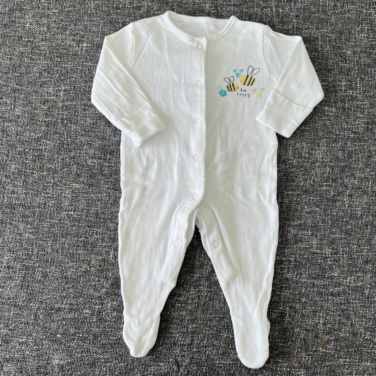 Girls 0-3 Month Plain White "Bee happy" Sleepsuit