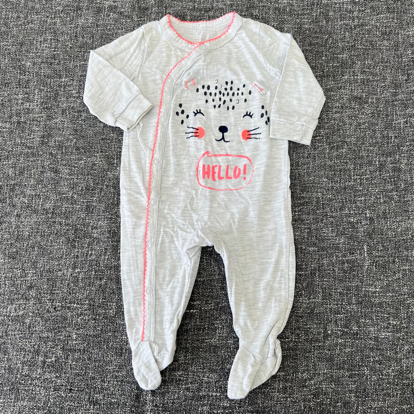 Girls 0-3 Month Grey Leopard "Hello" Sleepsuit