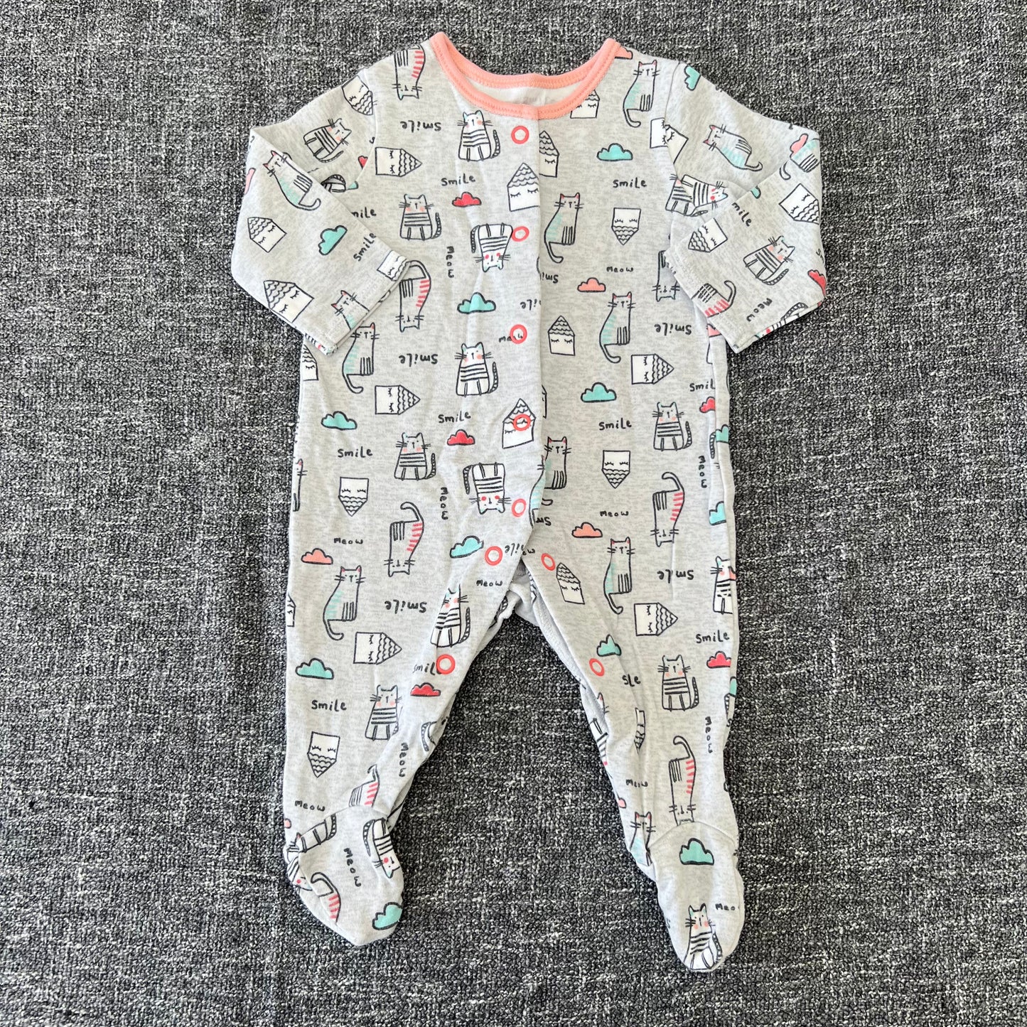 Girls 0-3 Month Grey 'Cats, houses & clouds' Sleepsuit