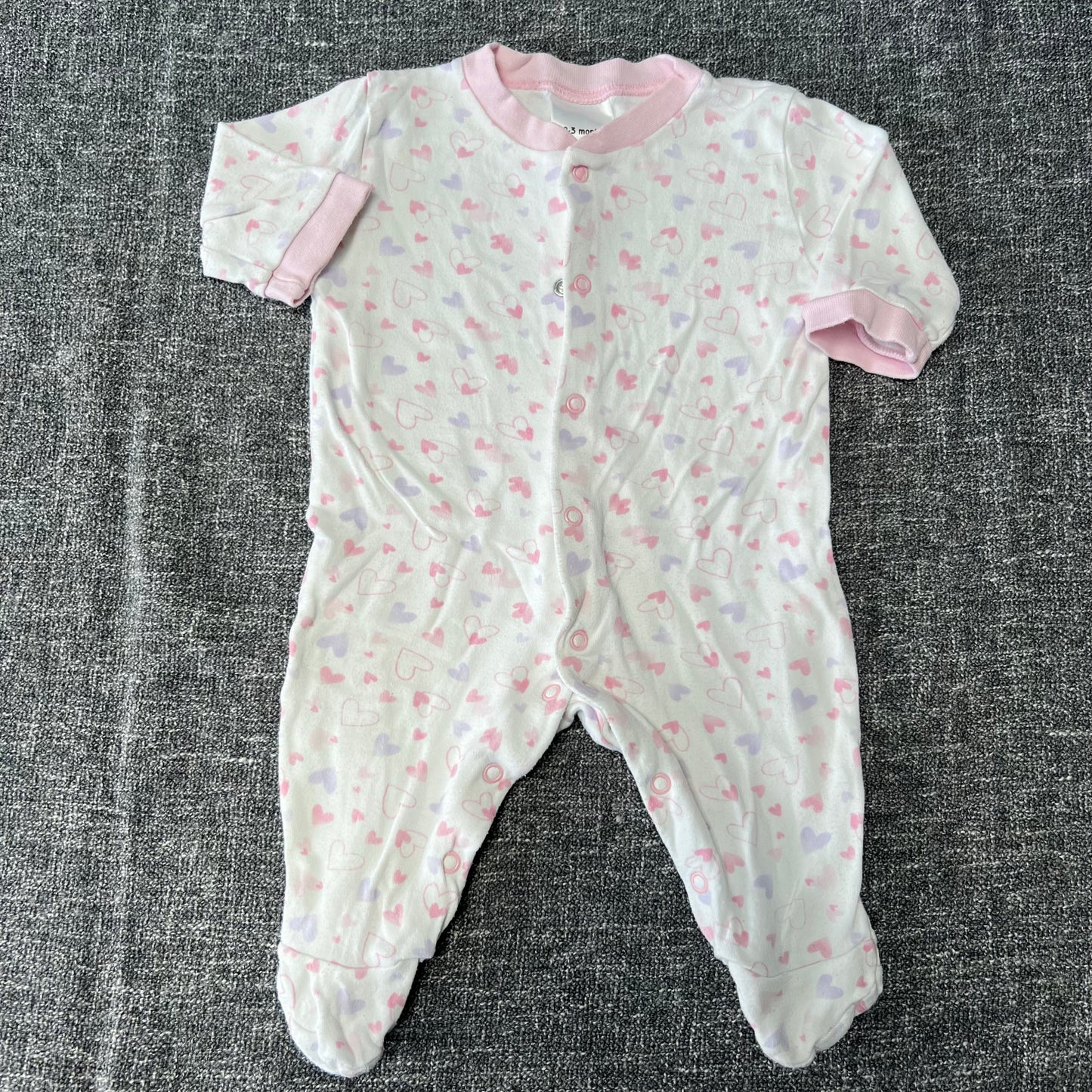 Girls 0-3 Month White With Pink Hearts Sleepsuit (PIP)