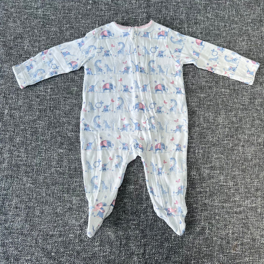 Girls 0-3 Month White With Blue Elephants Sleepsuit (PIP)