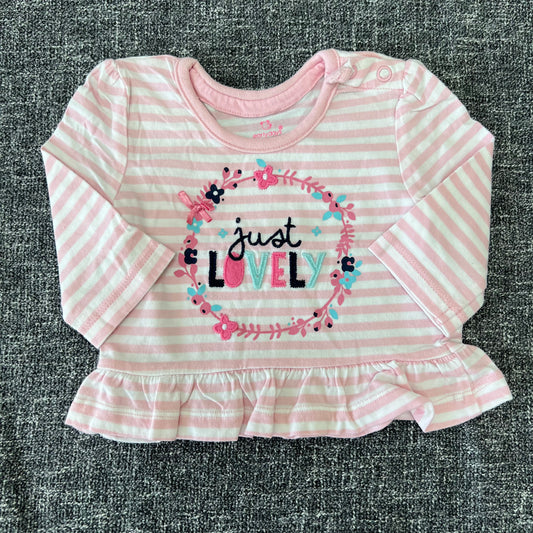 Girls 0-3 Month Pink & White Striped "Just lovely" Long Sleeved Top