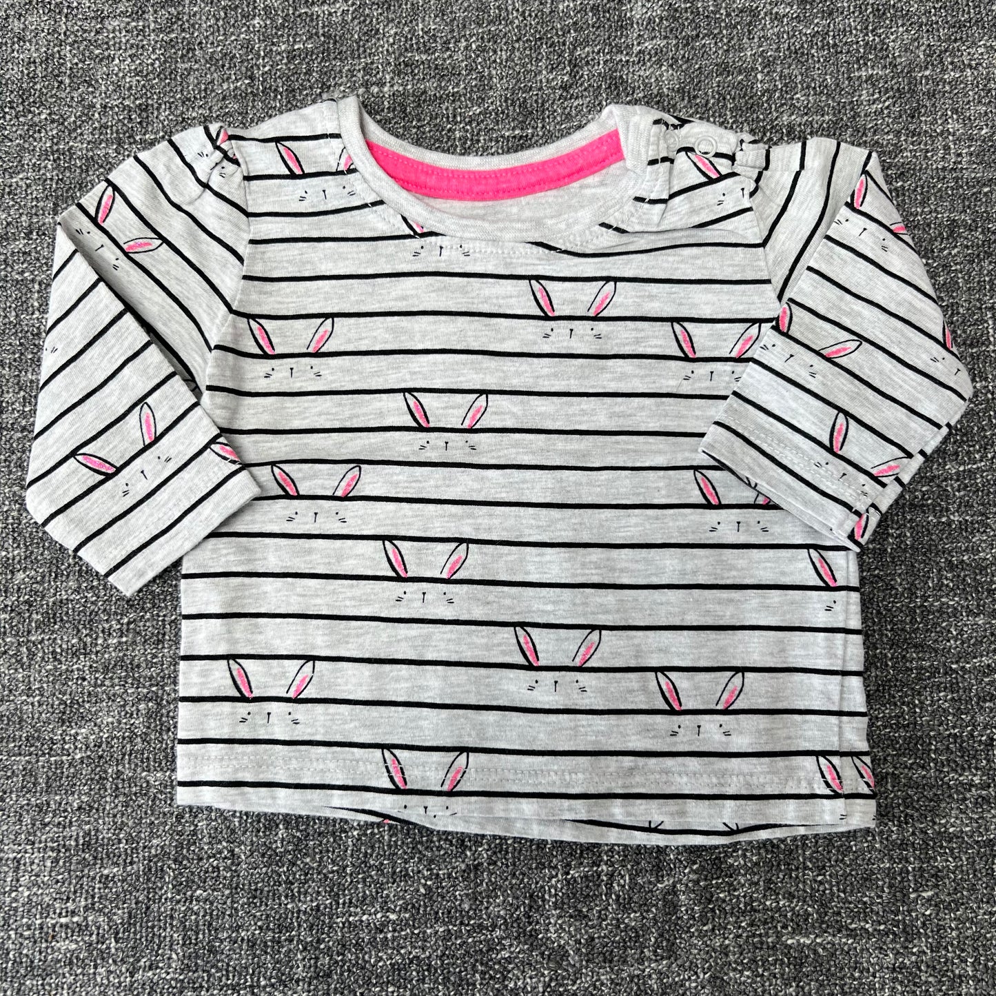 Girls 0-3 Month Grey With Black Striped & Bunnies Long Sleeved Top