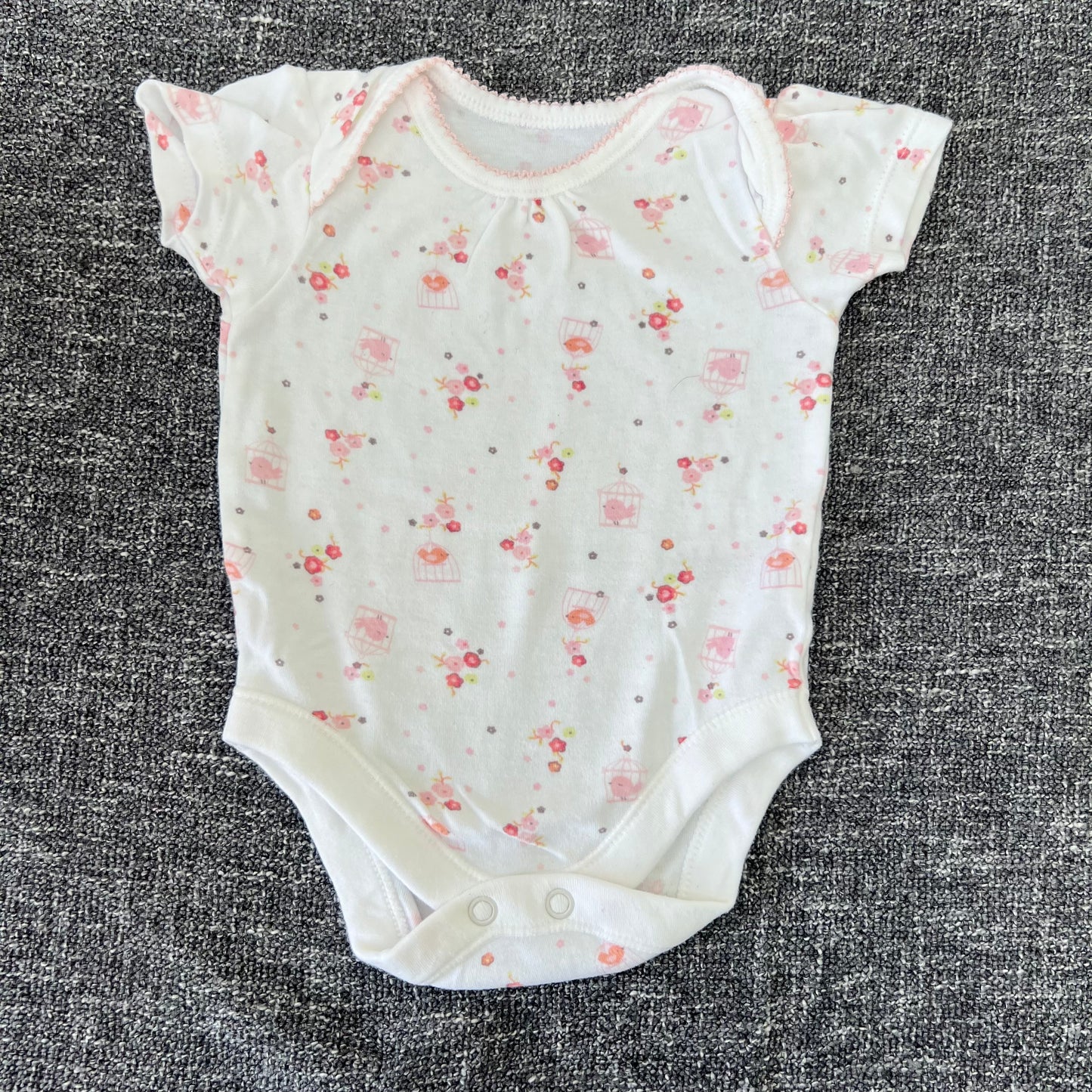 Girls 0-3 Month White & Pink 'bird & cage' Print Short Sleeved Bodysuit