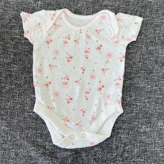 Girls 0-3 Month White & Pink 'bird & cage' Print Short Sleeved Bodysuit