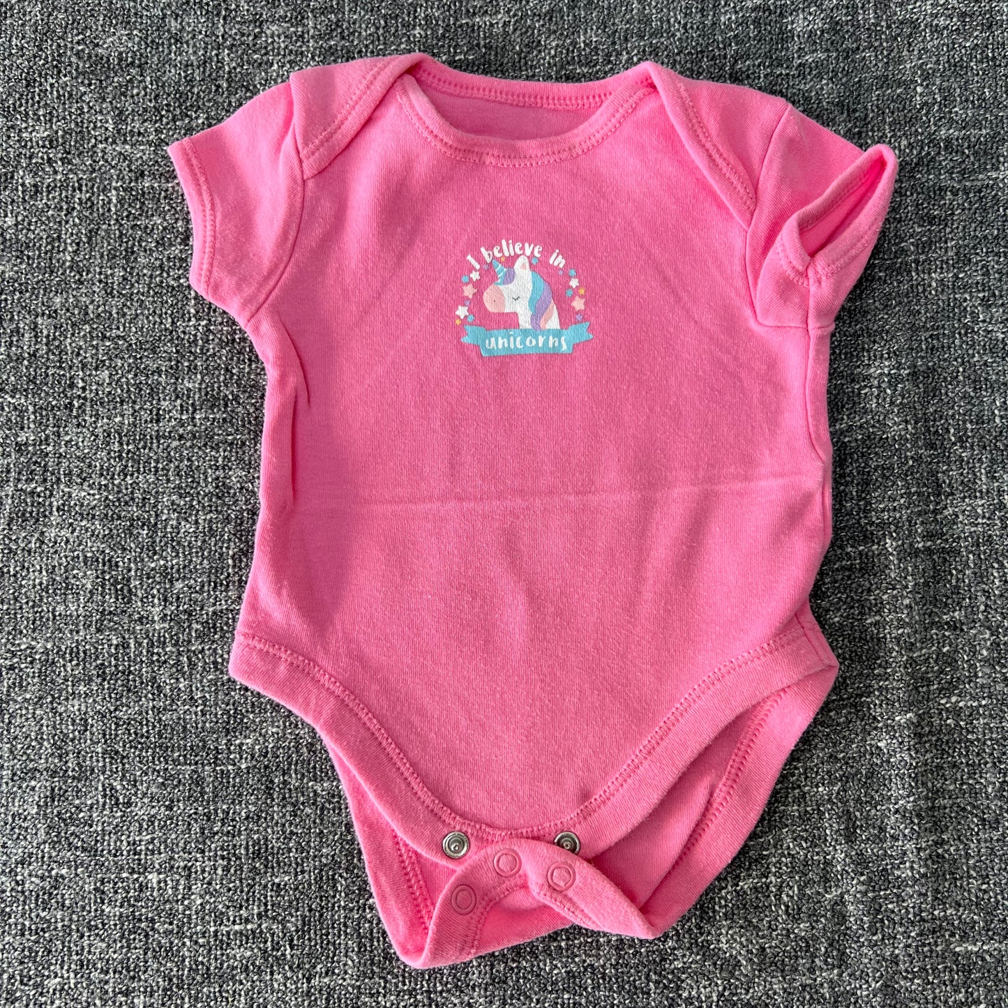 Girls 0-3 Month Pink Unicorn "I believe in unicorns" Short Sleeved Bodysuit