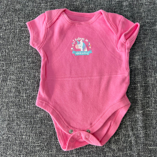 Girls 0-3 Month Pink Unicorn "I believe in unicorns" Short Sleeved Bodysuit