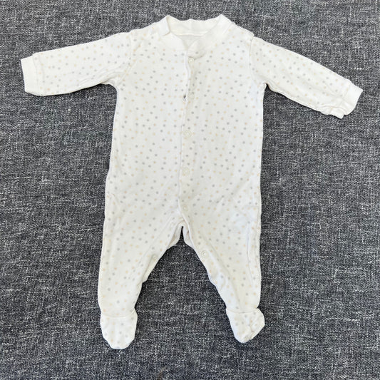 Unisex 0-3 Month Cream Sleepsuit With A Grey & Beige Star Patern