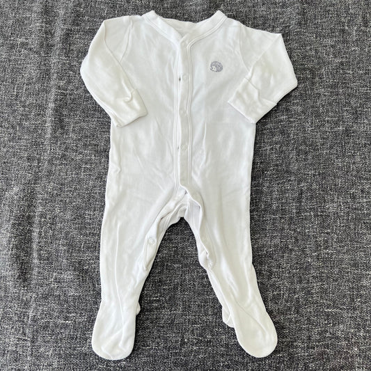 Unisex 0-3 Month Plain White Sleepsuit With Hedgehog Motif