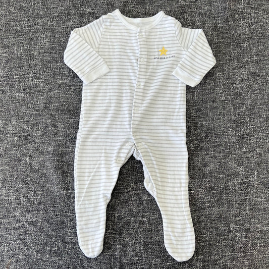 Unisex 0-3 Month White & Grey Striped "Wish Upon A Star" Sleepsuit