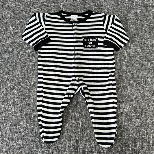 Unisex 0-3 Month Black & White Striped "Been Inside For 9 Months" Sleepsuit