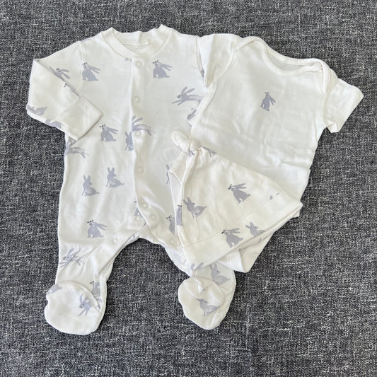 Unisex 0-3 Month cream & Grey Rabbit Sleepsuit, Vest & Hat Set