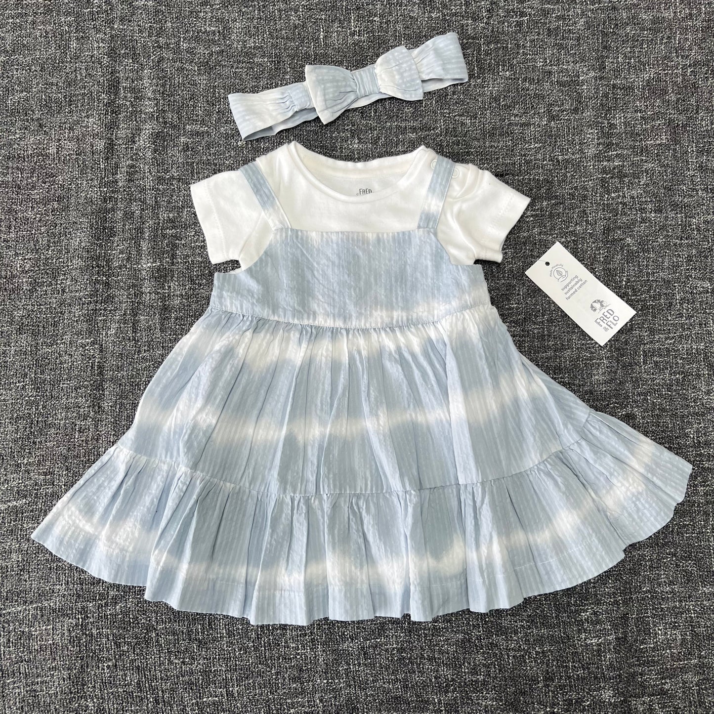 Girls 3-6 Month Blue & White Tie-Dye Summer Dress White Short Sleeved Bodysuit & Headband Outfit NEW