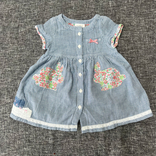 Girls 3-6 Month Blue & White Striped Summer Dress With Floral Bunny Patches