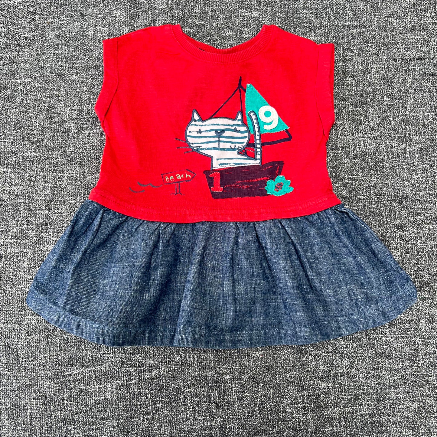 Girls 3-6 Month Red & Blue 'Cat in a boat' Summer Dress