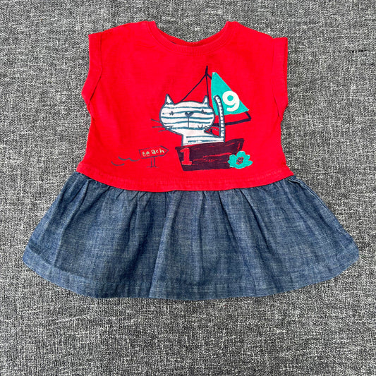 Girls 3-6 Month Red & Blue 'Cat in a boat' Summer Dress