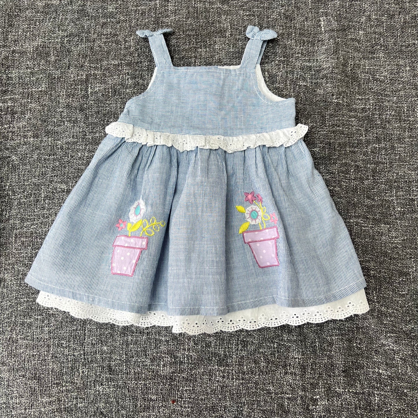 Girls 3-6 Month Blue & White Striped Summer Dress With Plant Pot Appliqué