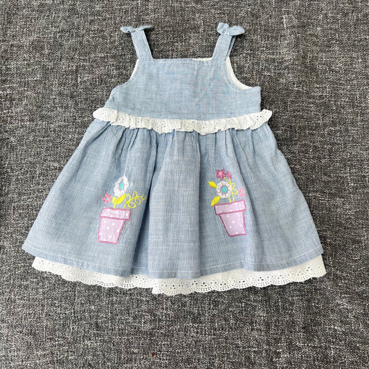 Girls 3-6 Month Blue & White Striped Summer Dress With Plant Pot Appliqué