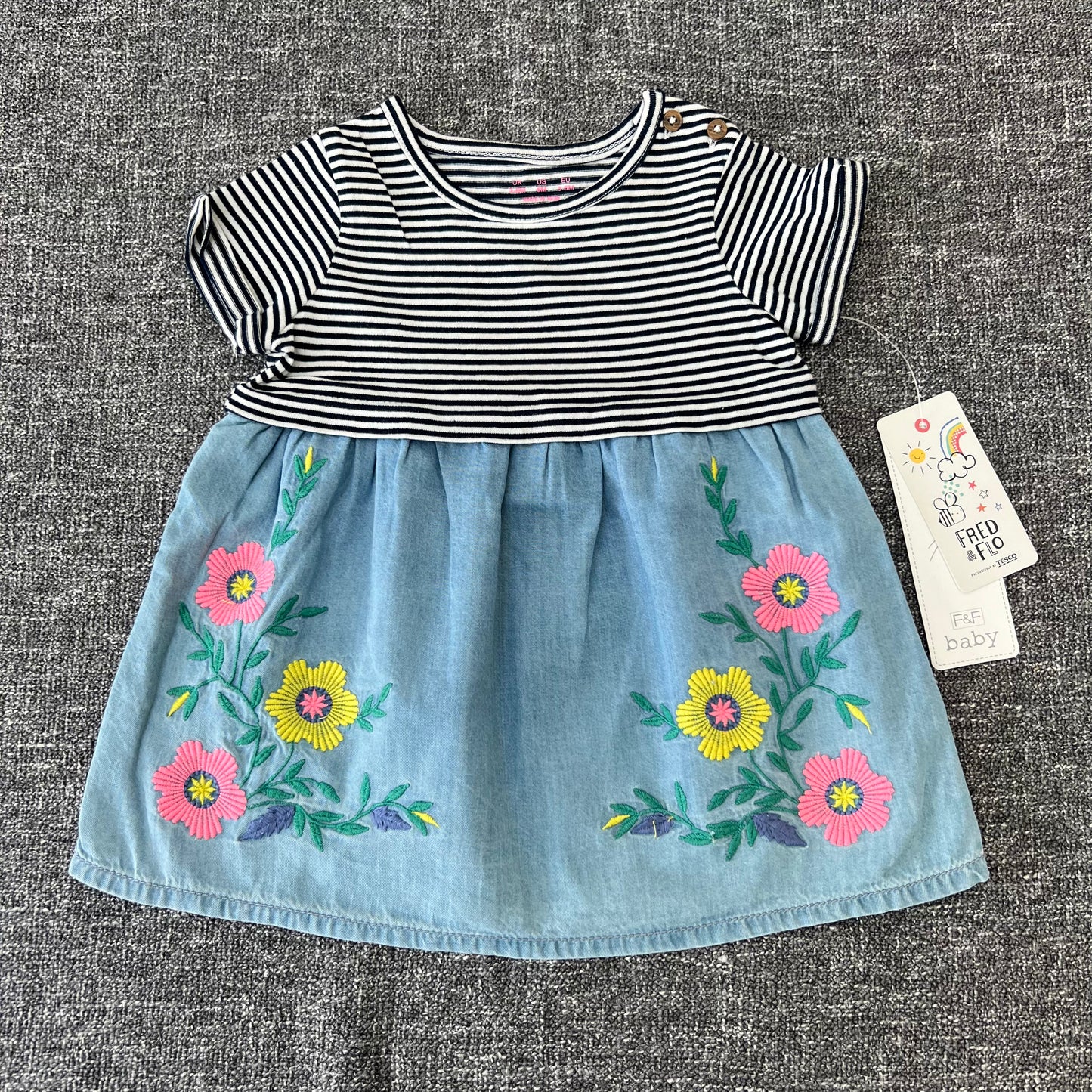 Girls 3-6 Month Blue & White Striped Summer Dress With Embroidered Flowers NEW