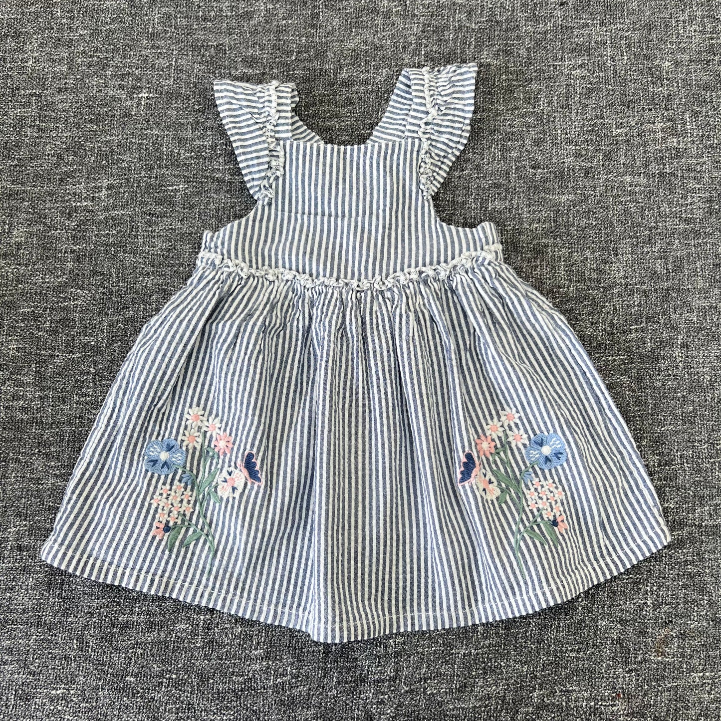 Girls 3-6 Month Blue & White Striped Summer Pinafore Dress With Embroidered Flowers