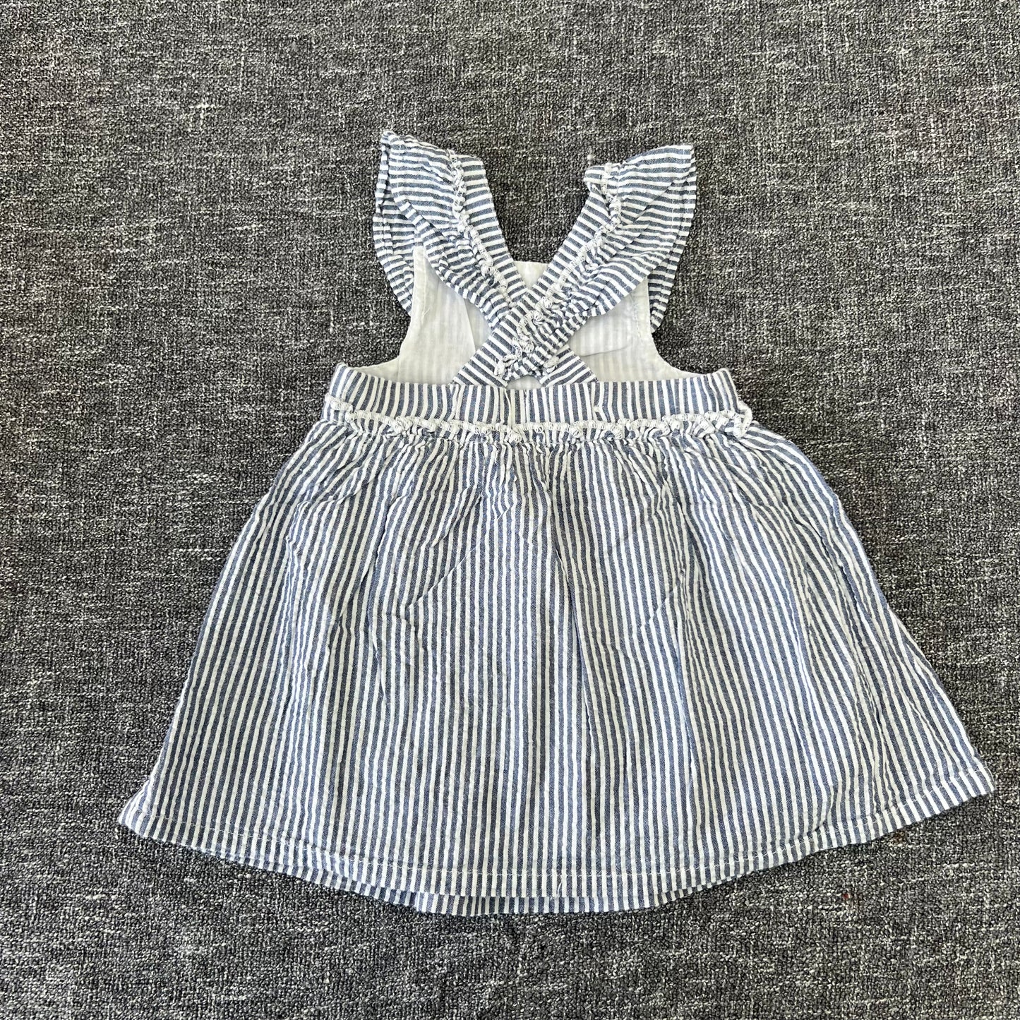 Girls 3-6 Month Blue & White Striped Summer Pinafore Dress With Embroidered Flowers