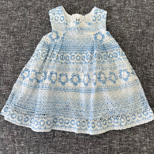 Girls 3-6 Month Blue & White Flower Printed Lace Summer Dress