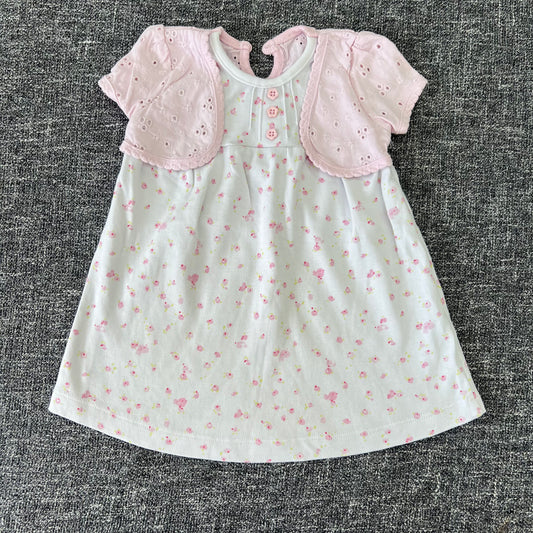 Girls 3-6 Month Pink & White Jersey Summer Dress With A Flower & Bird Pattern