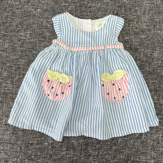 Girls 3-6 Month Blue & White Striped Summer Dress With Strawberry Pockets