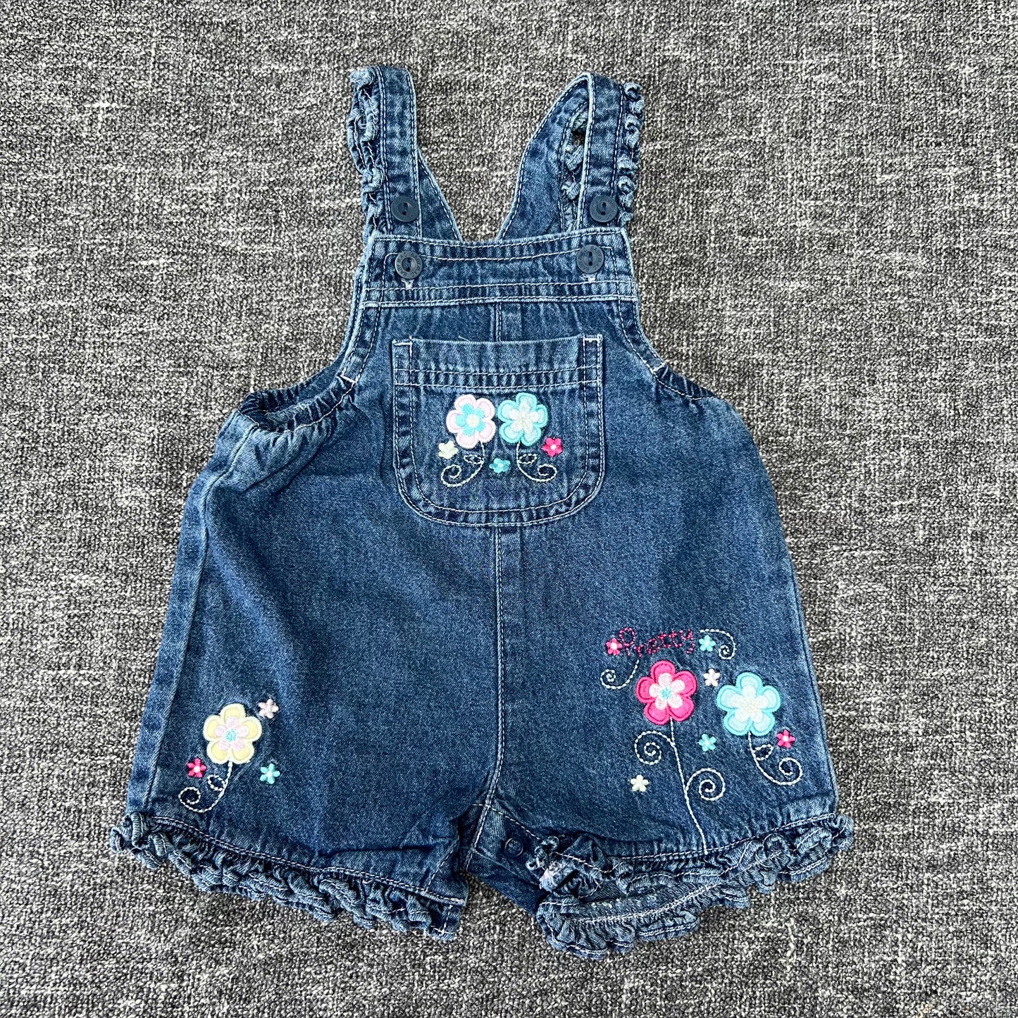 Girls 3-6 Month Blue Denim Summer Dungarees With Embroidered Flowers