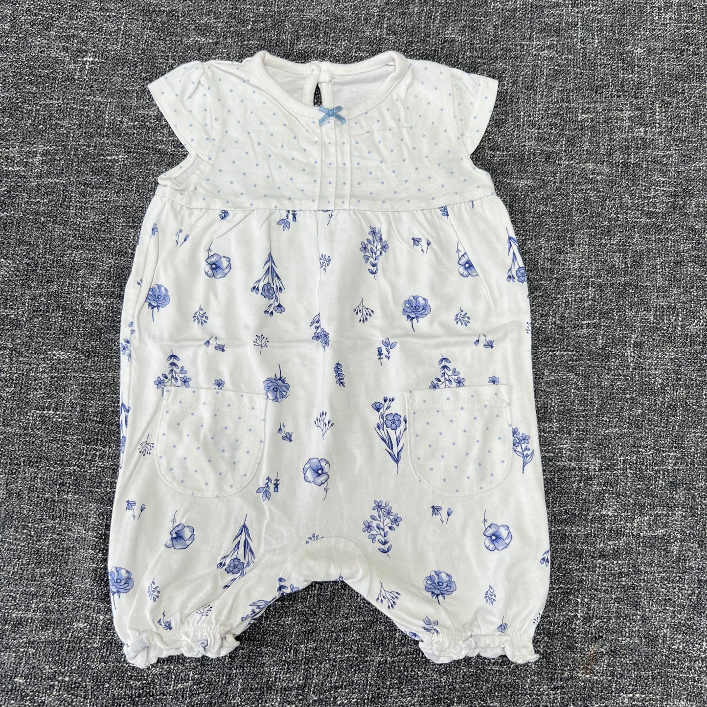 Girls 3-6 Month White & Blue Floral Print Summer Romper