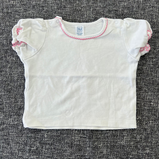 Girls 3-6 Month Plain White T-shirt With Pink Trim.