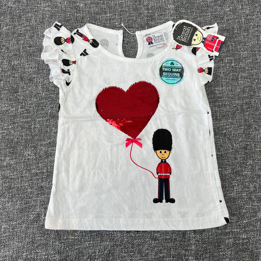 Girls 3-4 Year White T-shirt With Soldier & Heart Shaped Ballon  NEW